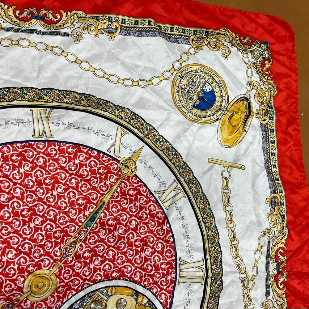 Vintage Silk Scarf Red and Gold Clock Motif Scarf Olpan